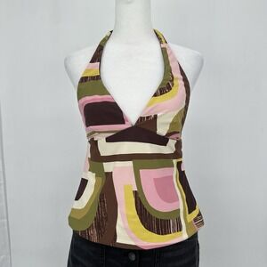 W Swim Women Halter Tankini Top Brown Pink Olive Retro Graphic Print M Swimwear